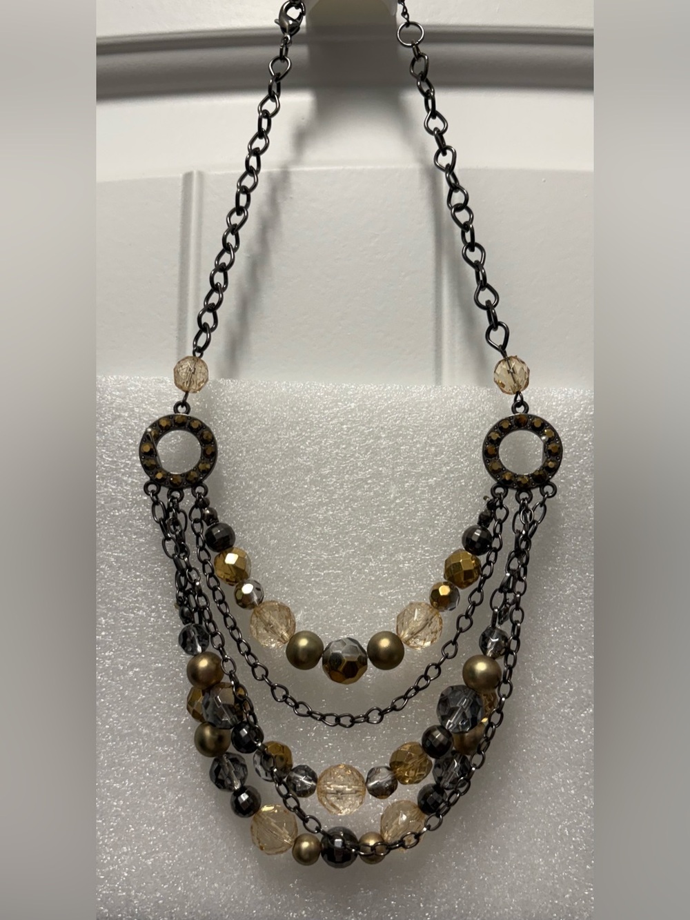 Multi-Strand Gold and Black Beaded Statement Necklace